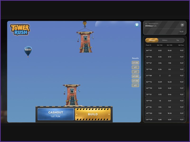 The Build and Cashout buttons in the Tower Rush interface